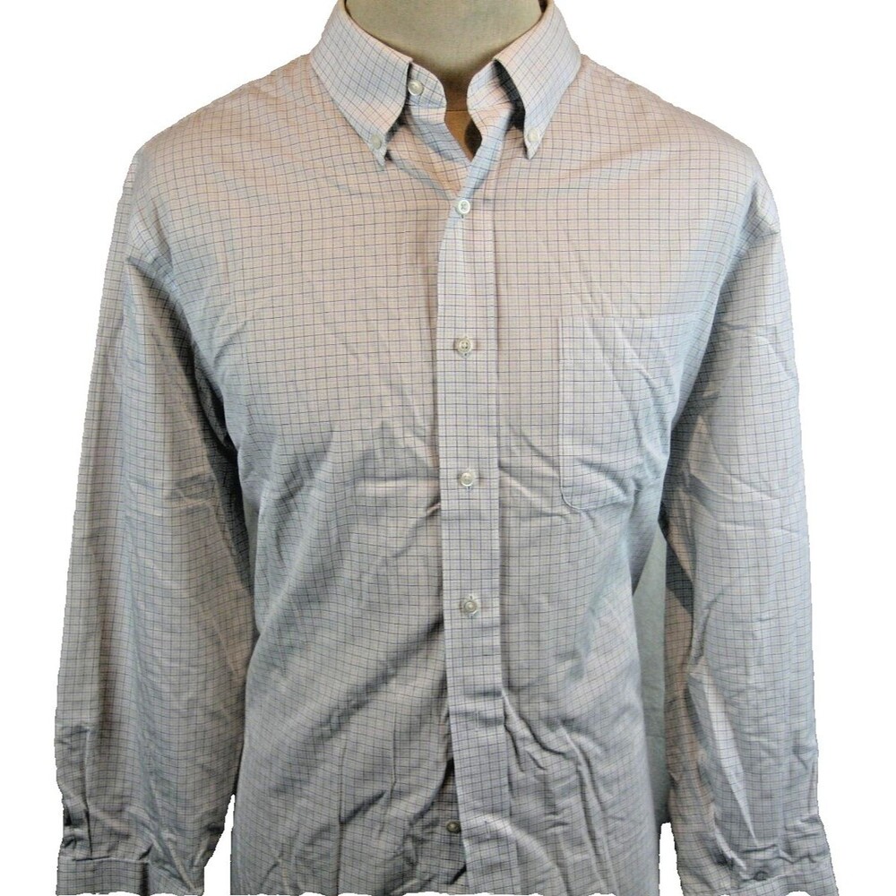 Mens Jos A Bank Traveler Blue Check LS Tailored Cotton Dress Shirt sz 17.5x34